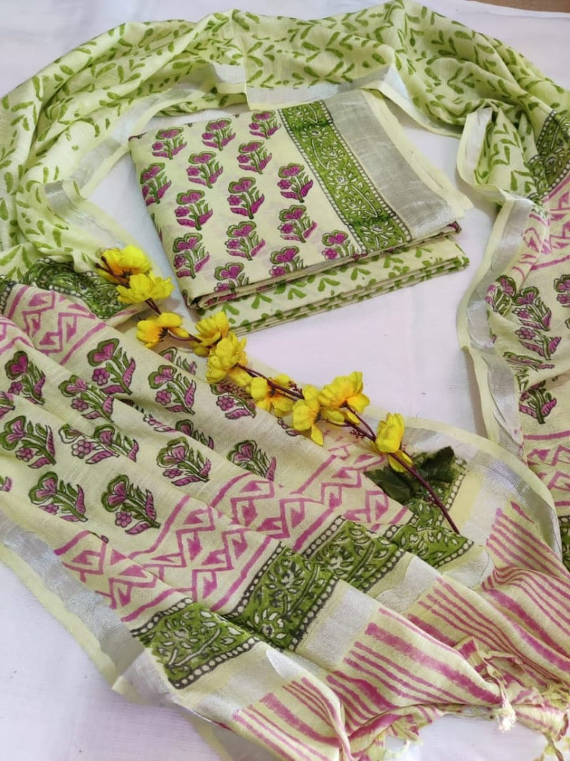 Bagru Hand Block Printed Linen Suits With Silver Border - Leheriya