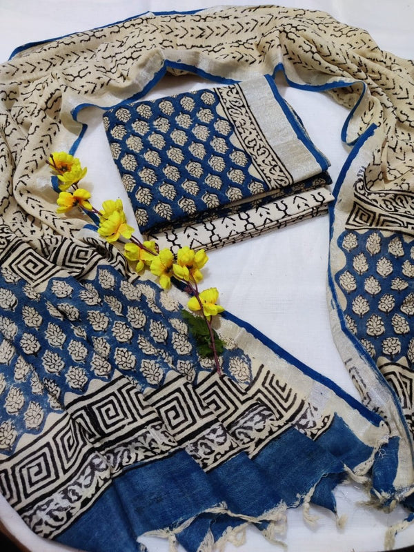 Bagru Hand Block Printed Linen Suits With Silver Border - Leheriya