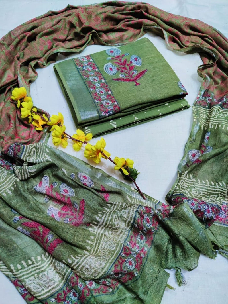 Bagru Hand Block Printed Linen Suits With Silver Border - Leheriya