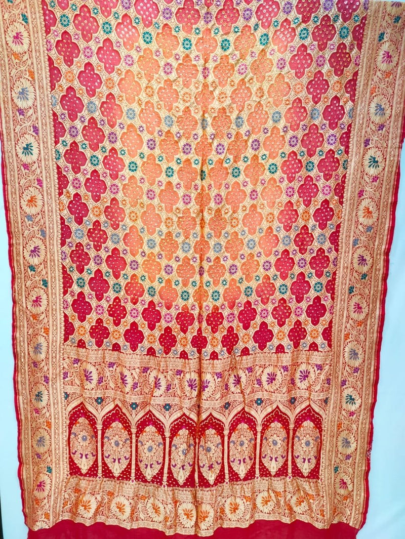 Banarasi Bandhani Pure Georgette Neemzari Gharchola Dupatta - Leheriya