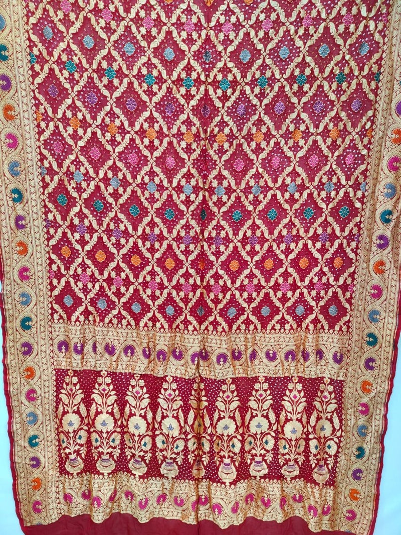 Banarasi Bandhani Pure Georgette Neemzari Gharchola Dupatta - Leheriya