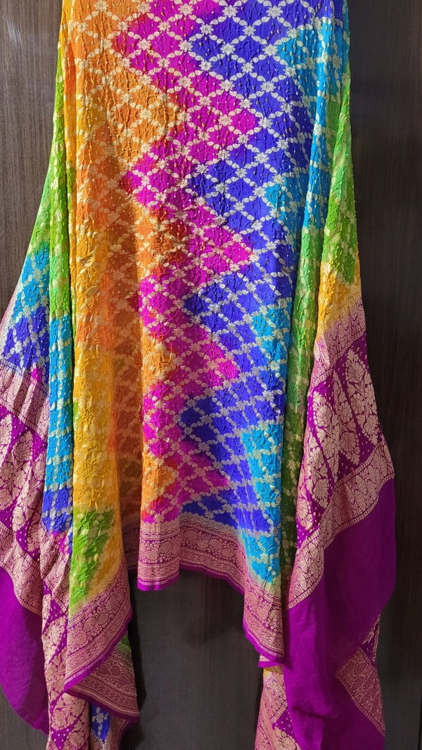 Banarasi Bandhani Pure Georgette Neemzari Gharchola Dupatta - Leheriya