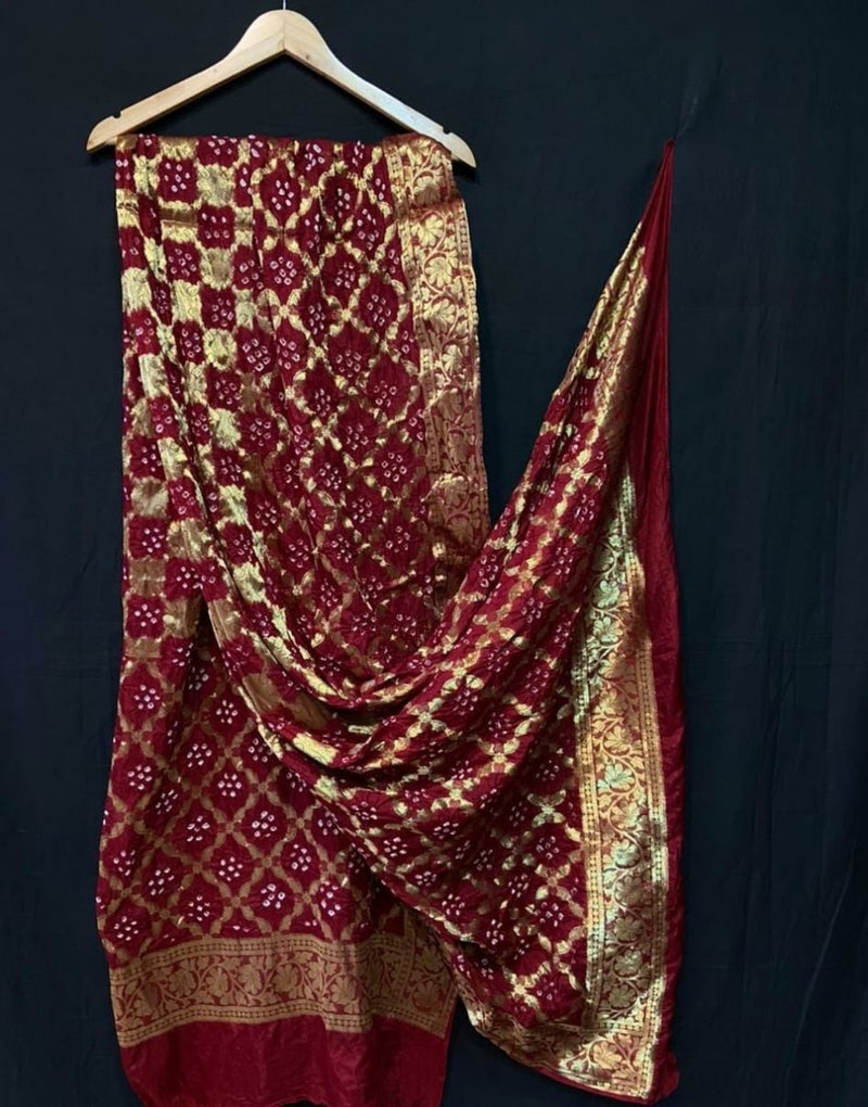 Banarasi Bandhej Gharchola Jangla Dupatta - Leheriya