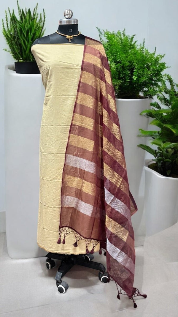 Banarasi Beige Cotton Silk 3 pc Salwar Suit with Brown Crushed Tissue and Organza Dupatta with Tassels - Leheriya