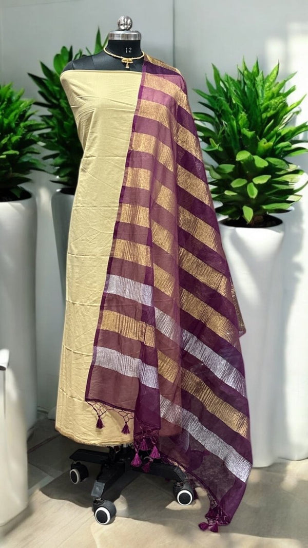 Banarasi Beige Cotton Silk 3 pc Salwar Suit with Purple Crushed Tissue and Organza Dupatta with Tassels - Leheriya