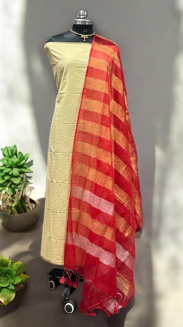 Banarasi Beige Cotton Silk 3 pc Salwar Suit with Red Crushed Tissue and Organza Dupatta with Tassels - Leheriya