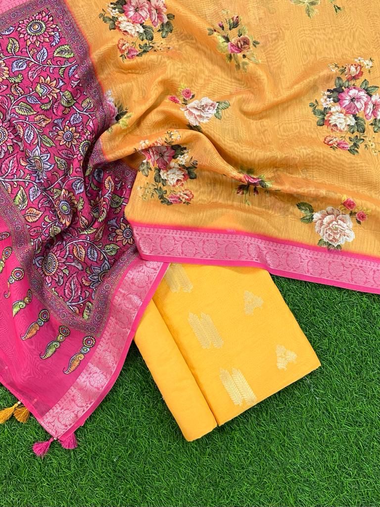 Banarasi Chanderi Salwar Suit | Light Mustard | - Leheriya