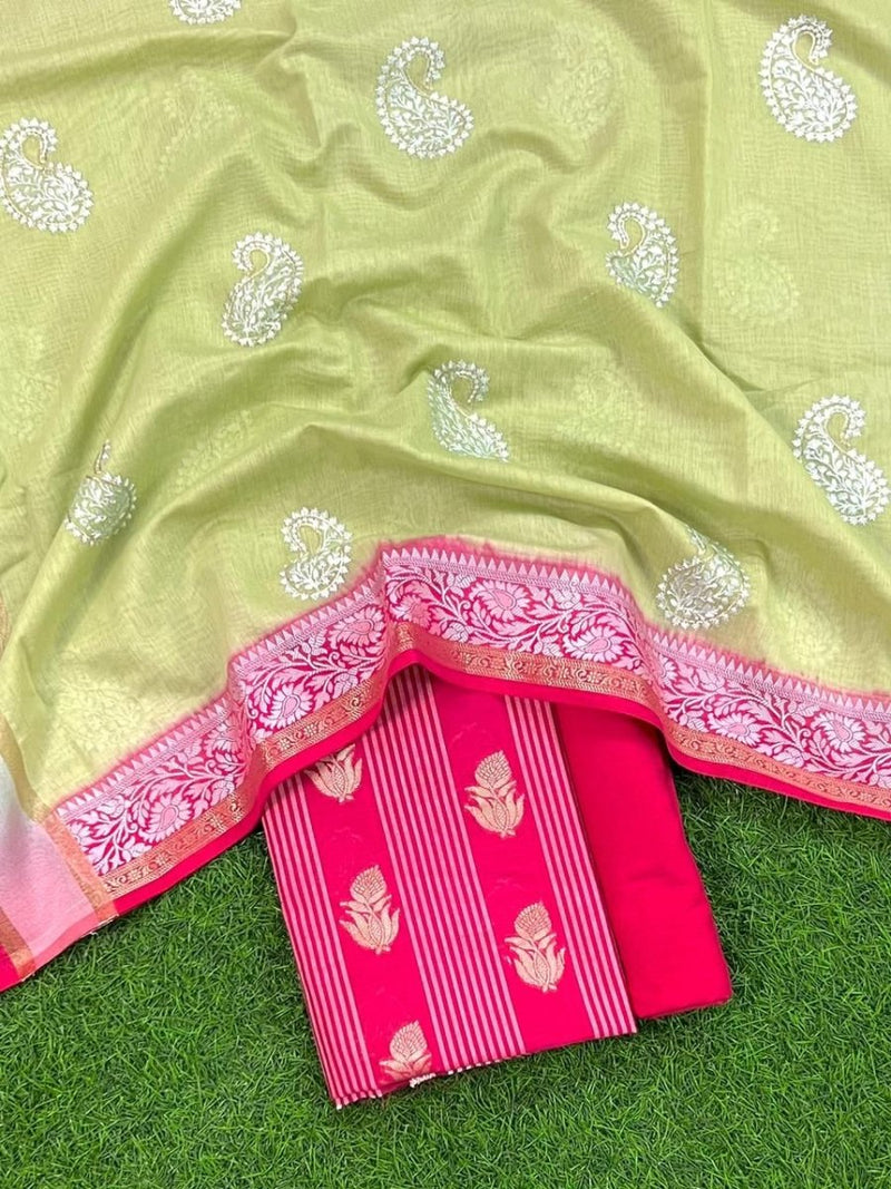 Banarasi Chanderi Salwar Suit With Contrast Dupatta | Pink Red | - Leheriya