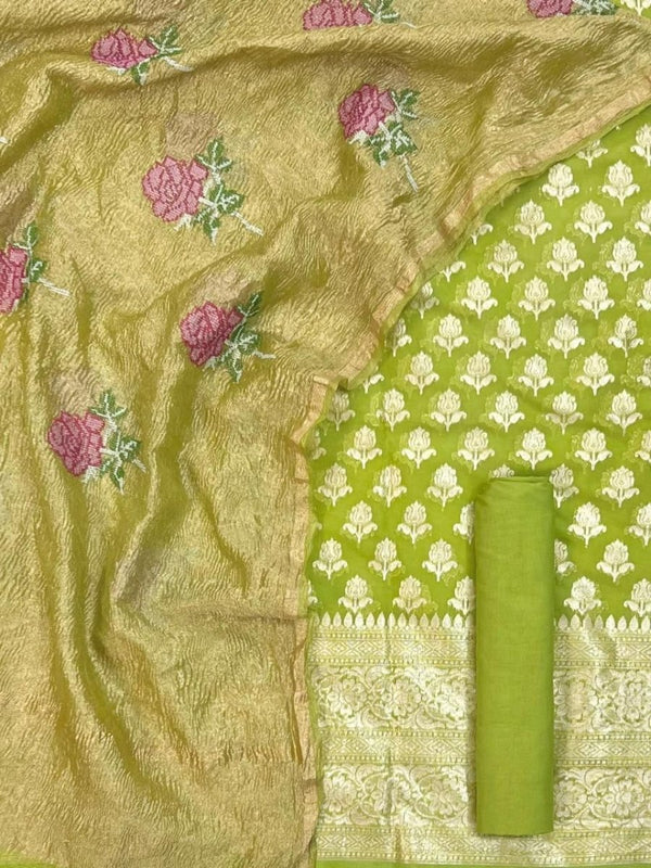 Banarasi Chanderi Salwar Suit With Tissue Crush Dupatta - Leheriya