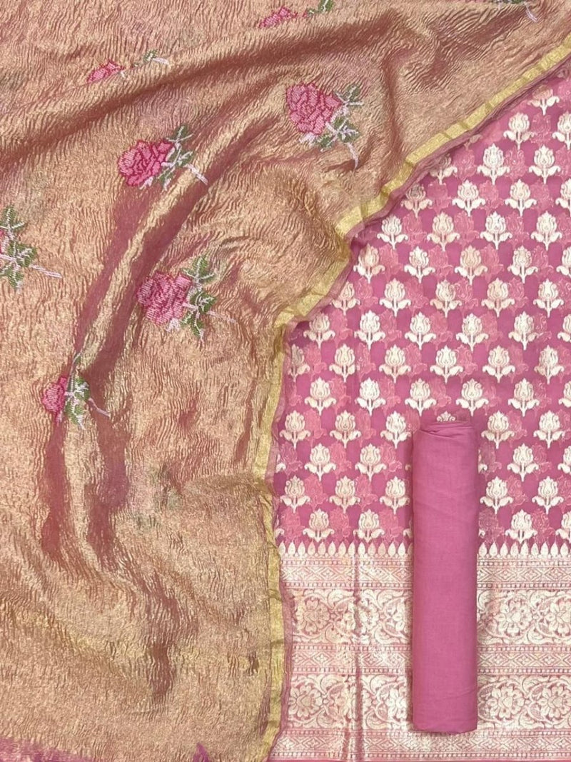 Banarasi Chanderi Salwar Suit With Tissue Crush Dupatta - Leheriya