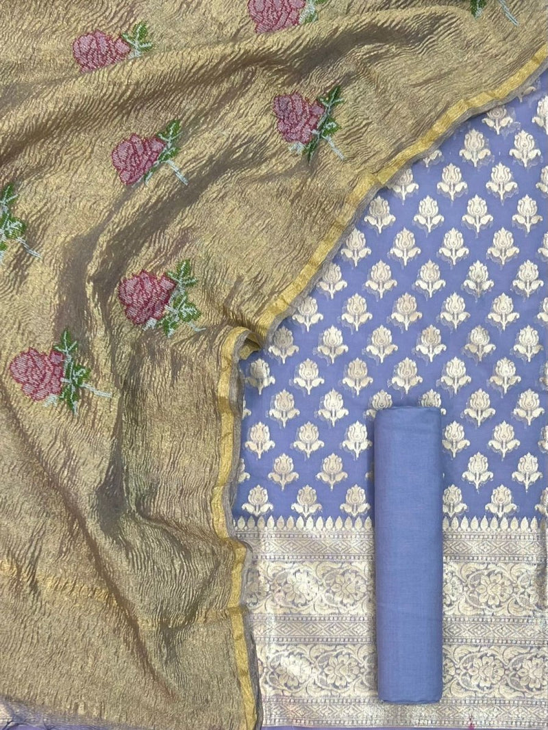 Banarasi Chanderi Salwar Suit With Tissue Crush Dupatta - Leheriya