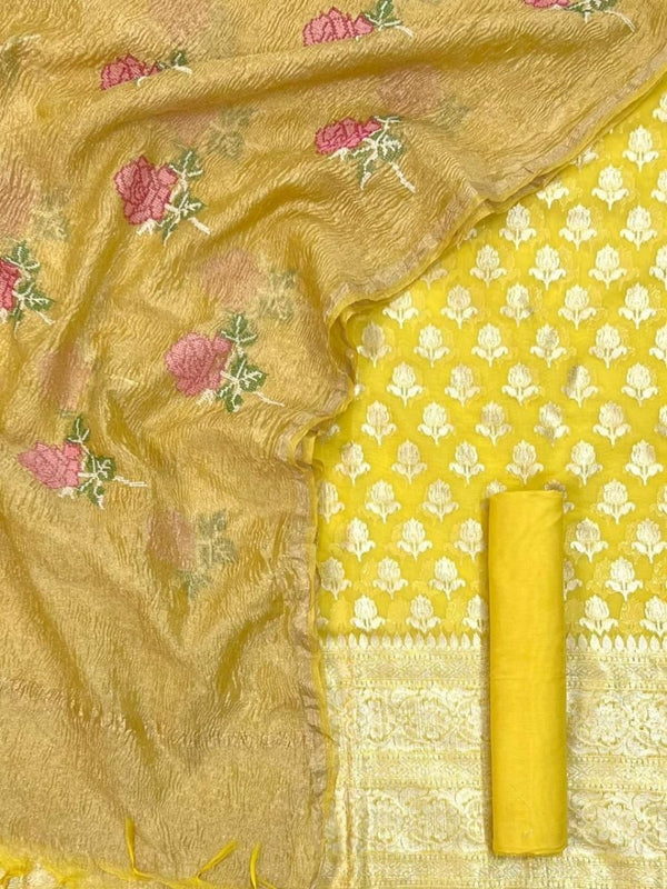 Banarasi Chanderi Salwar Suit With Tissue Crush Dupatta - Leheriya