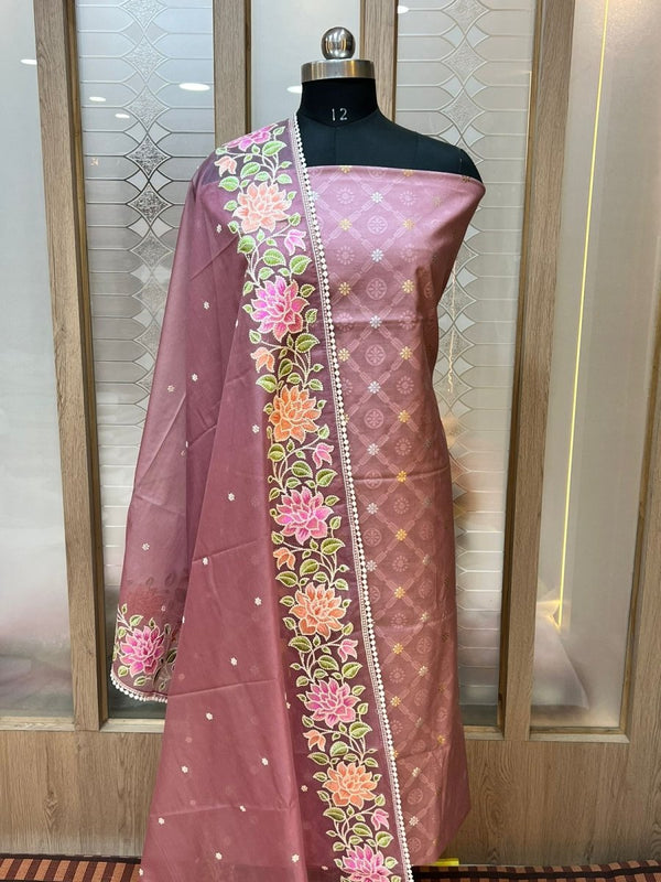 BANARASI PURE HANDLOOM MERCERISED CHANDERI SILK SELF WOVEN SUIT | Copper Rose| - Leheriya