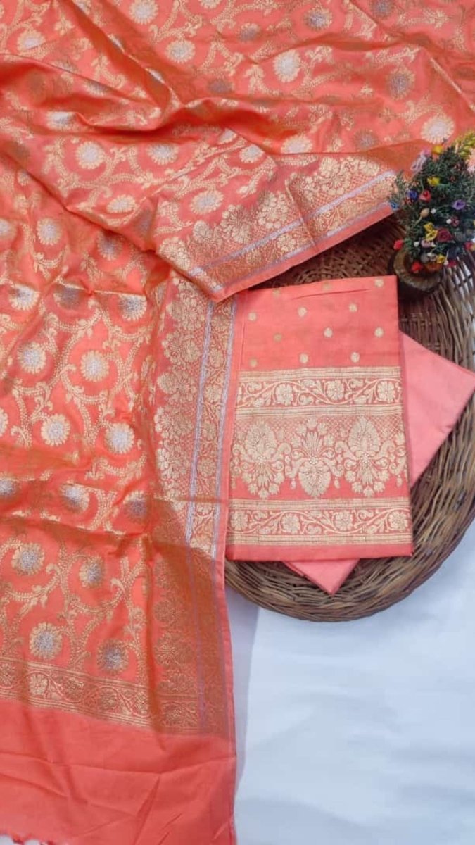 Banarasi Pure Katan Silk Unstitched Salwar Suit - Leheriya