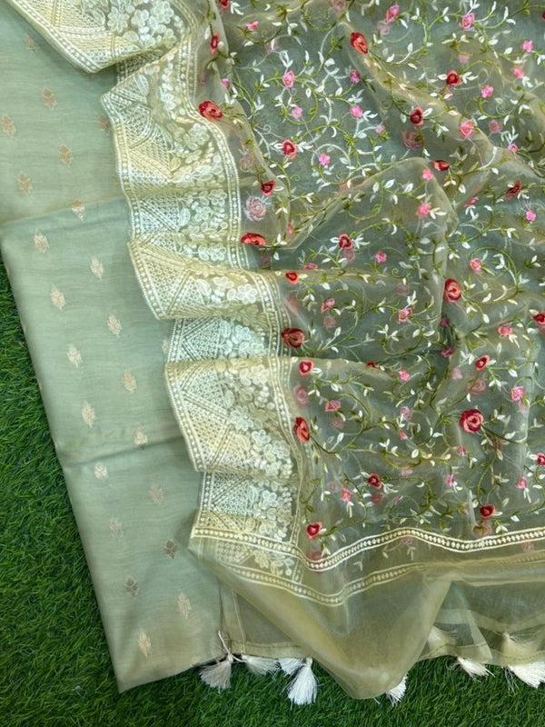 Banarasi Pure Resham Silk Chanderi Zari Booti Salwar Suit - Leheriya