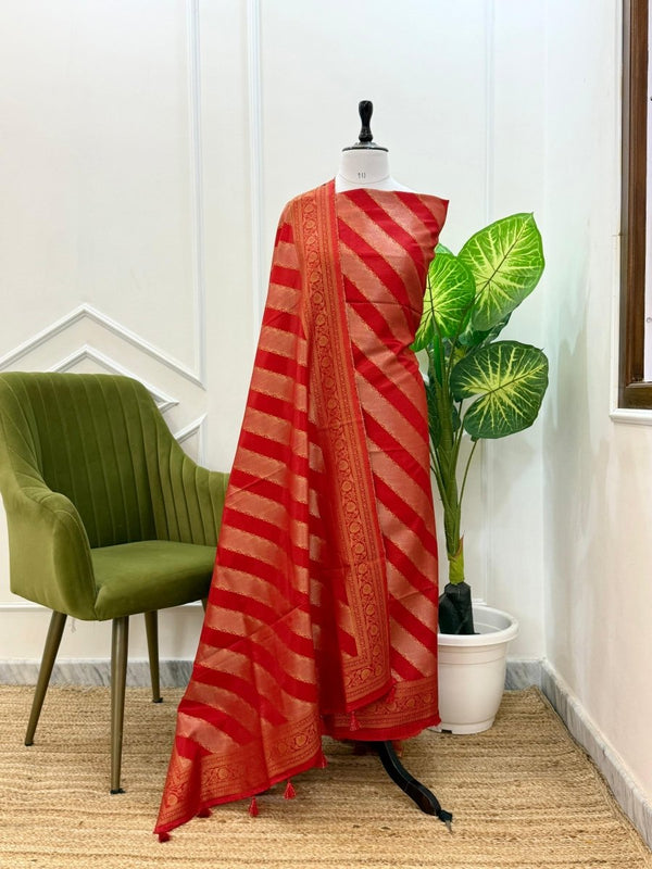 Banarasi Red Dola Silk Jacquard Aada Pattern Salwar Suit - Leheriya