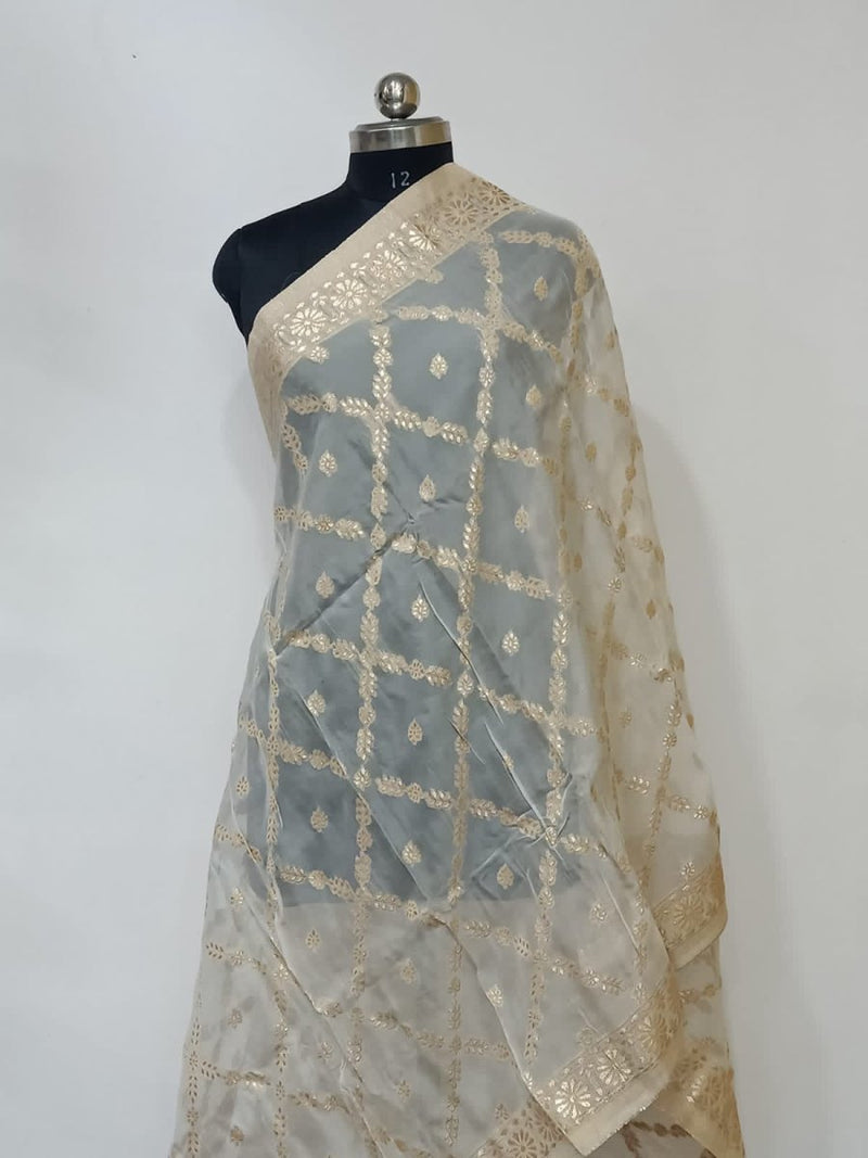 Banarasi Silk Dyeable Dupatta with Golden Zari Work - Leheriya