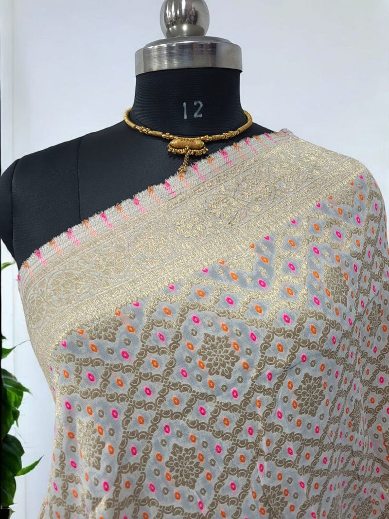 Banarasi Silk Dyeable Dupatta with Golden Zari Work - Leheriya