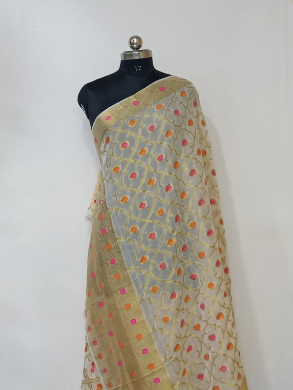 Banarasi Silk Dyeable Dupatta with Golden Zari Work - Leheriya