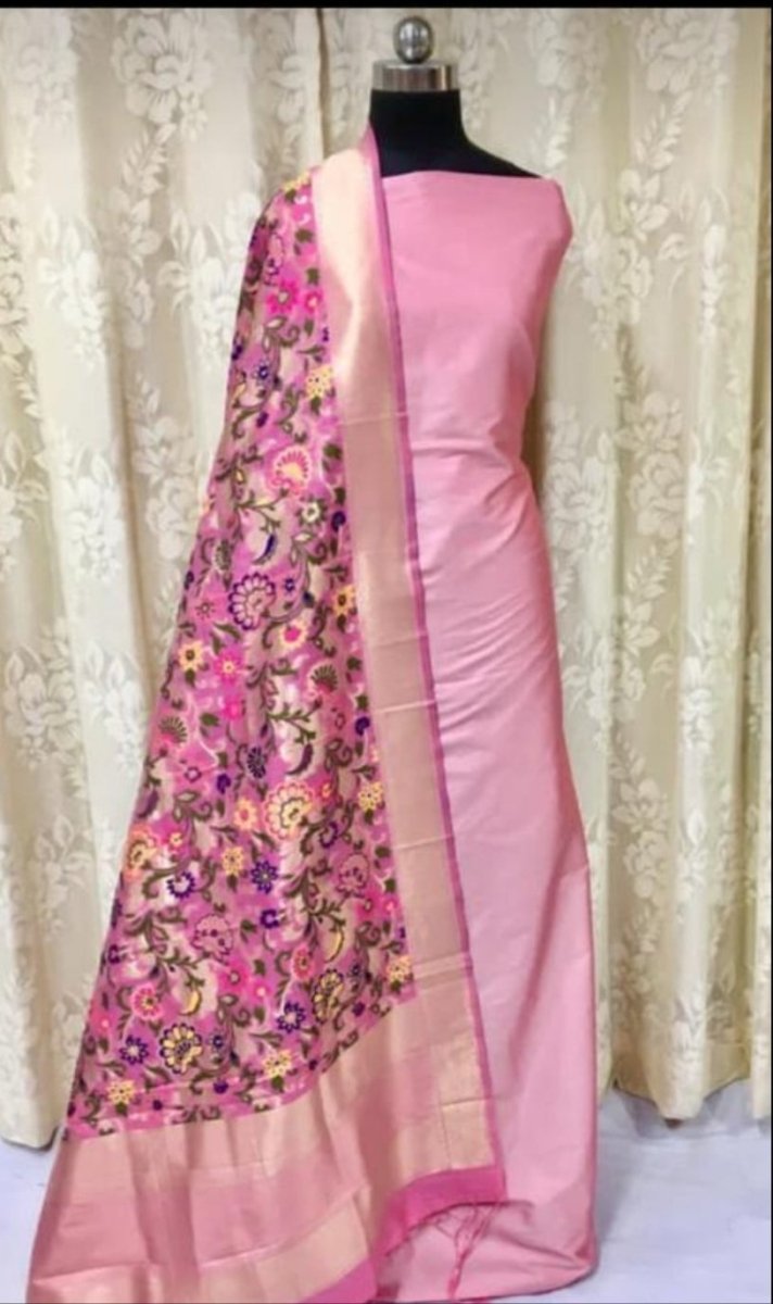 Banarasi Silk Premium Quality Plain Salwar Suit with Beautiful Jaal Pattern Woven Dupatta - Leheriya