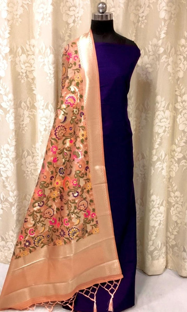 Banarasi Silk Premium Quality Plain Salwar Suit with Beautiful Jaal Pattern Woven Dupatta - Leheriya