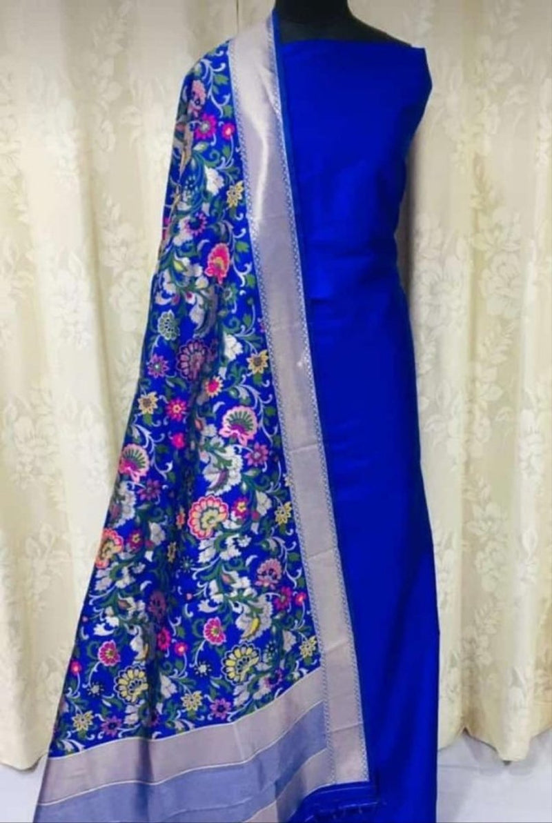 Banarasi Silk Premium Quality Plain Salwar Suit with Beautiful Jaal Pattern Woven Dupatta - Leheriya