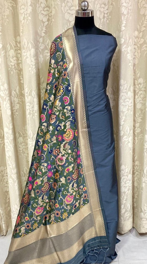 Banarasi Silk Premium Quality Plain Salwar Suit with Beautiful Jaal Pattern Woven Dupatta - Leheriya