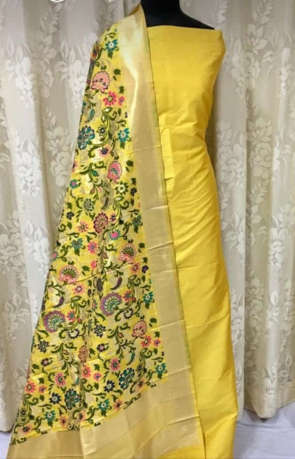 Banarasi Silk Premium Quality Plain Salwar Suit with Beautiful Jaal Pattern Woven Dupatta - Leheriya