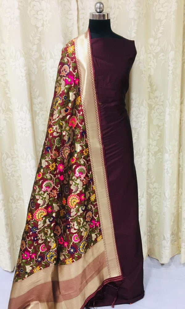 Banarasi Silk Premium Quality Plain Salwar Suit with Beautiful Jaal Pattern Woven Dupatta - Leheriya