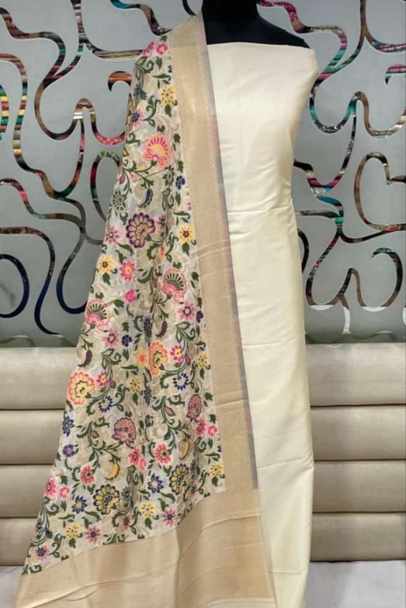 Banarasi Silk Premium Quality Plain Salwar Suit with Beautiful Jaal Pattern Woven Dupatta - Leheriya