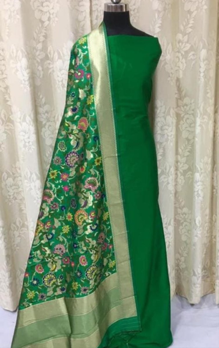 Banarasi Silk Premium Quality Plain Salwar Suit with Beautiful Jaal Pattern Woven Dupatta - Leheriya