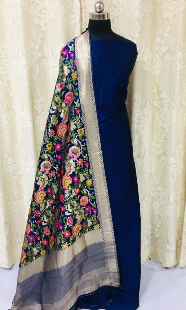 Banarasi Silk Premium Quality Plain Salwar Suit with Beautiful Jaal Pattern Woven Dupatta - Leheriya