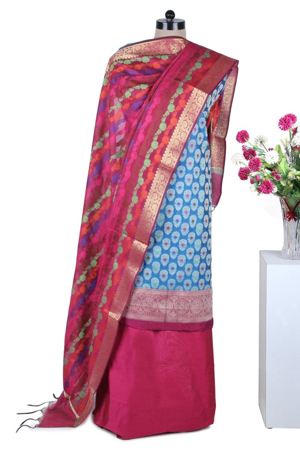 Banarasi Silk Salwar Kameez Fabric with Meena Buti and Banarasi Dupatta - Leheriya