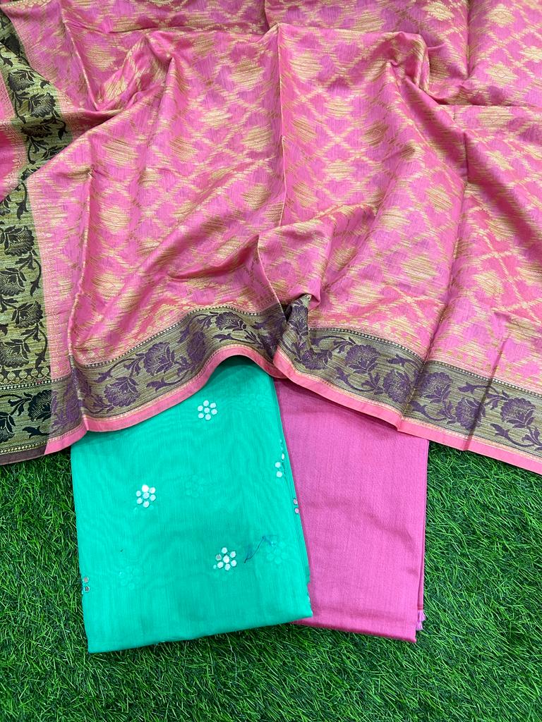 Banarasi Silk Unstitched Suit With Banarasi Dupatta - Leheriya