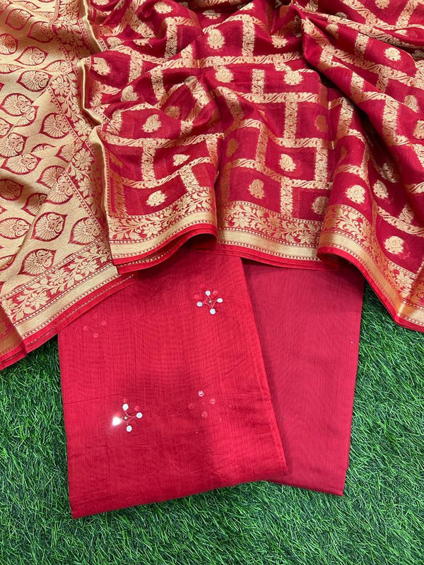 Banarasi Silk Unstitched Suit With Banarasi Dupatta - Leheriya