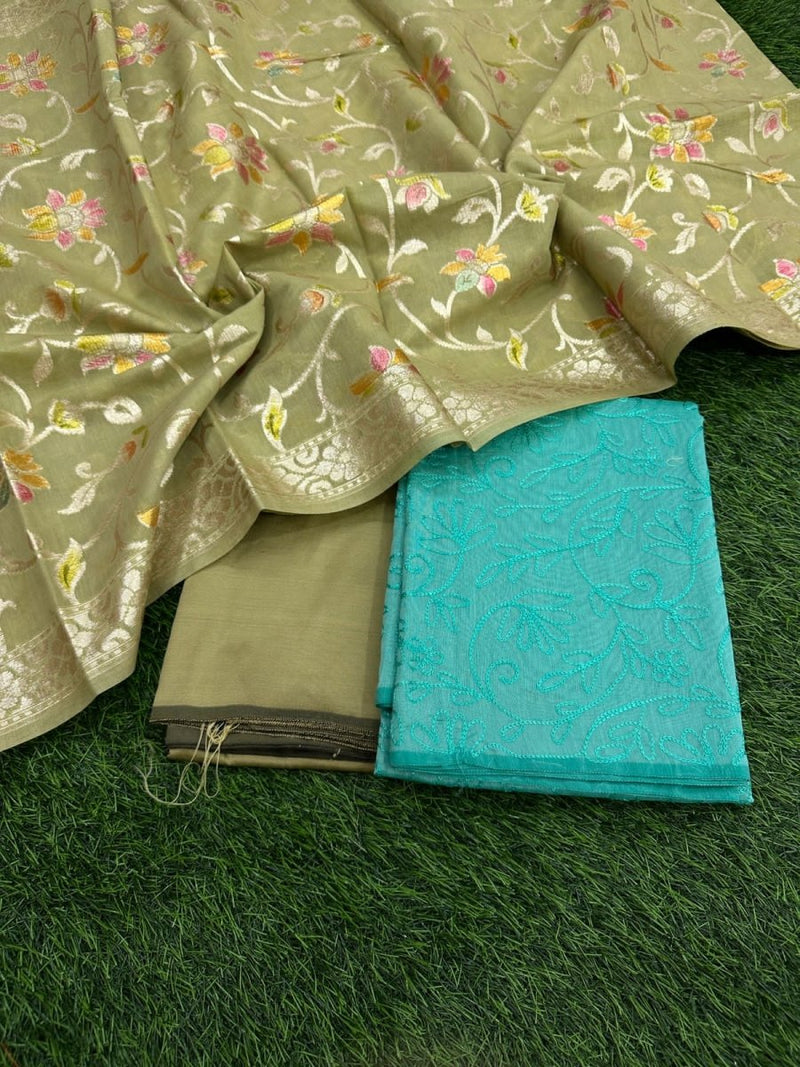 Banarasi Silk Unstitched Suit With Banarasi Dupatta - Leheriya