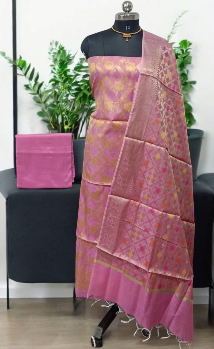 Banarasi Silk Unstitched Suit With Banarasi Dupatta - Leheriya