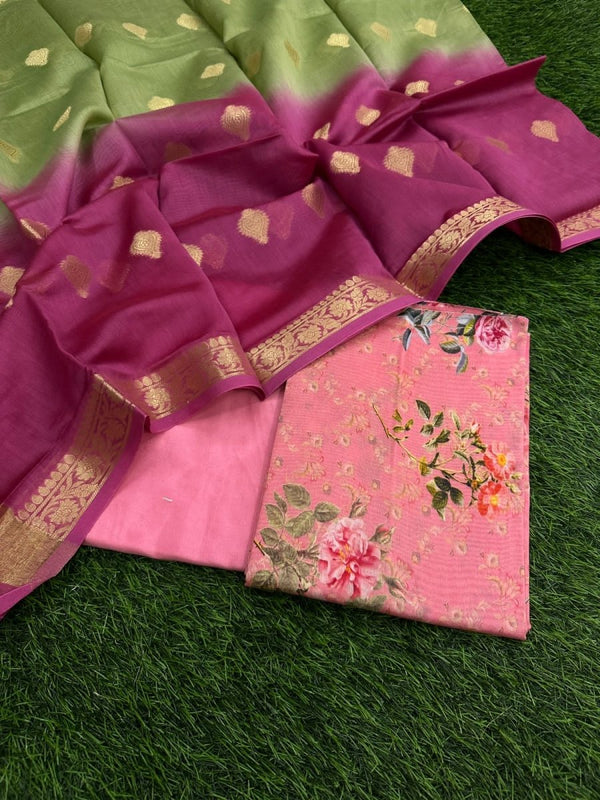 Banarasi Silk Unstitched Suit With Banarasi Dupatta - Leheriya