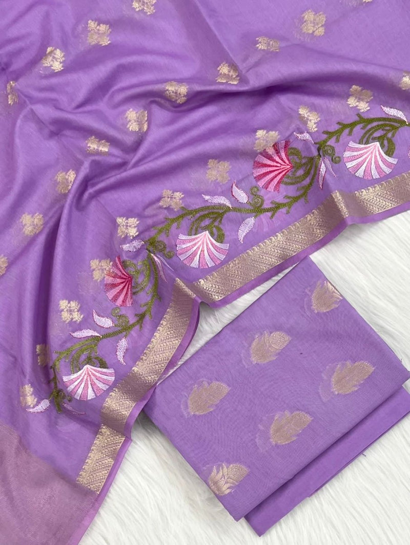 Banarasi Suit With Thread Embroidery Dupatta | Lavender | - Leheriya