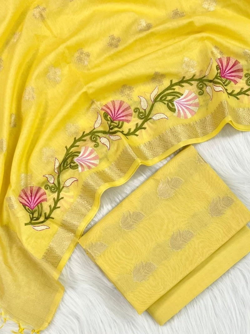 Banarasi Suit With Thread Embroidery Dupatta | Yellow | - Leheriya