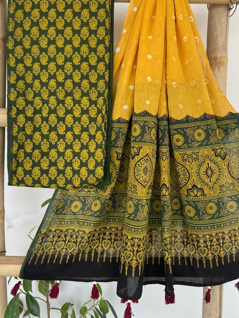 Bandhani dupatta & Ajrakh Fusion 2 pc Salwar Suit - Leheriya