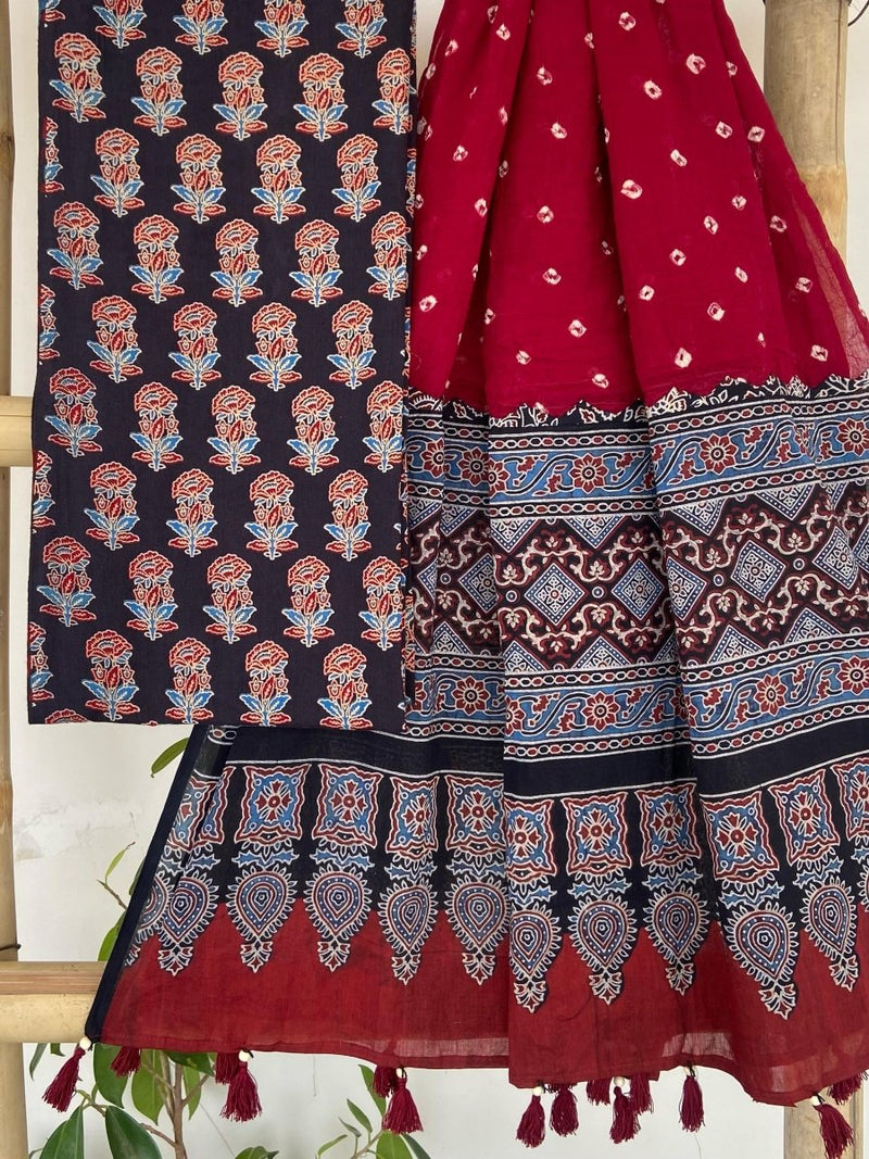 Bandhani dupatta & Ajrakh Fusion 2 pc Salwar Suit - Leheriya