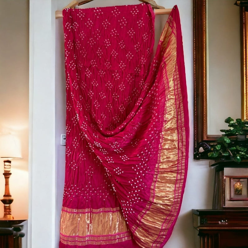 Bandhani Dupatta with Gold Lagdi Palav - Leheriya