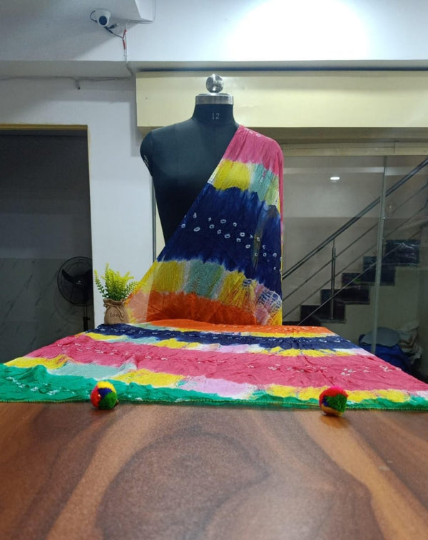 Bandhani Silk Dupatta Multicolor with Tassels - Leheriya