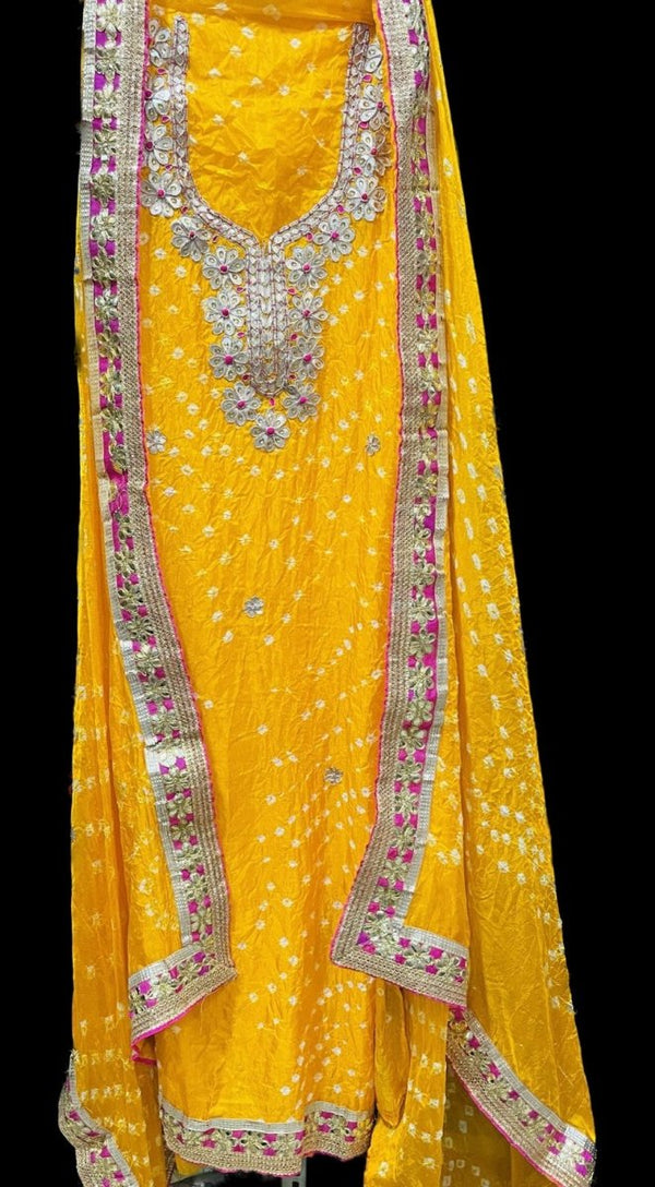 Bandhej Gharchola Silk Fabric Bandhej Salwar Suit - Leheriya