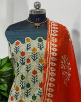 Batik Pure Cotton 3 pc Salwar Suit with Batik Dupatta - Kantha and MirrorWork on Top - Leheriya