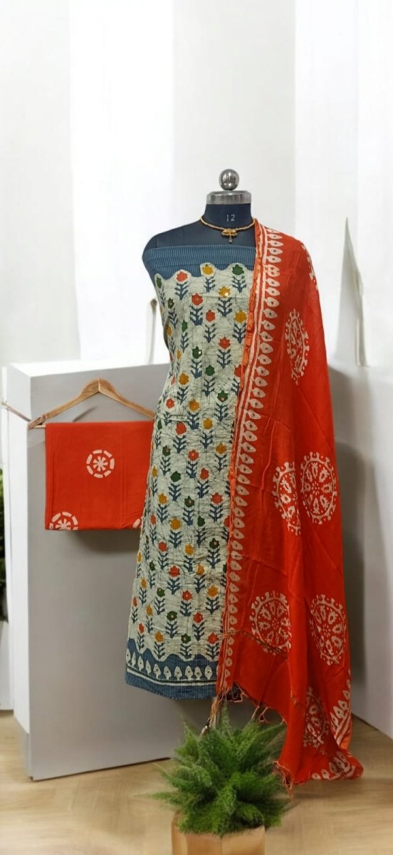 Batik Pure Cotton 3 pc Salwar Suit with Batik Dupatta - Kantha and MirrorWork on Top - Leheriya