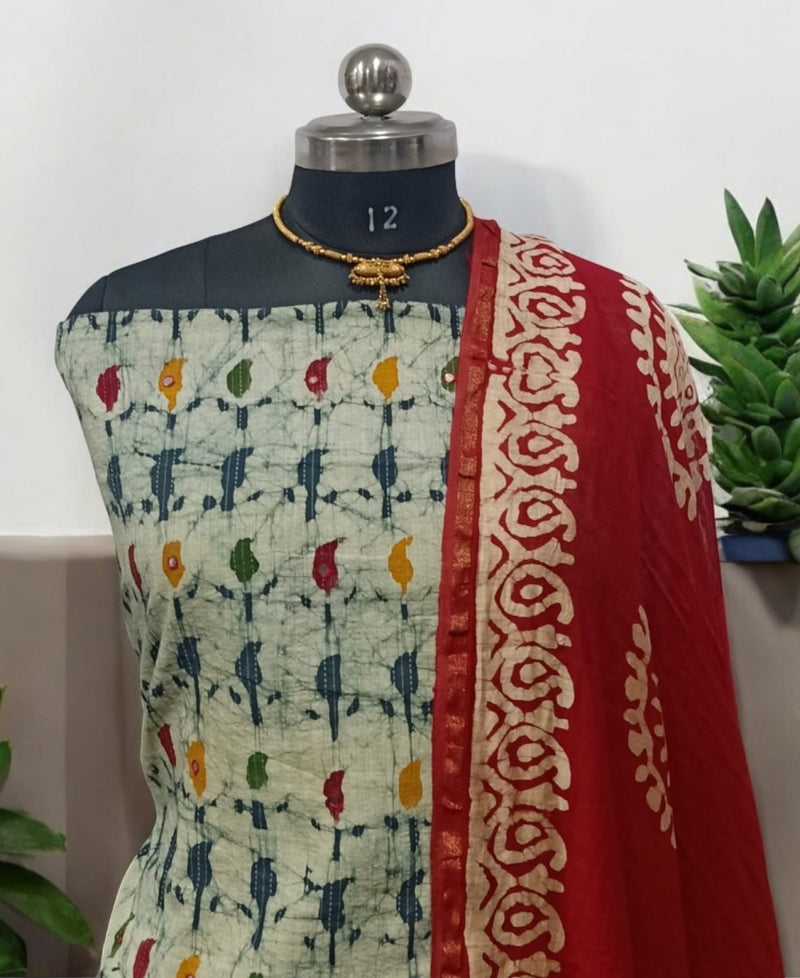 Batik Pure Cotton 3 pc Salwar Suit with Batik Dupatta - Kantha and MirrorWork on Top - Leheriya