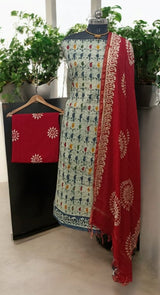 Batik Pure Cotton 3 pc Salwar Suit with Batik Dupatta - Kantha and MirrorWork on Top - Leheriya