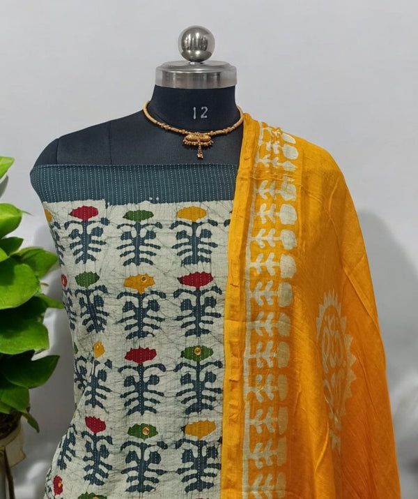 Batik Pure Cotton 3 pc Salwar Suit with Batik Dupatta - Kantha and MirrorWork on Top - Leheriya